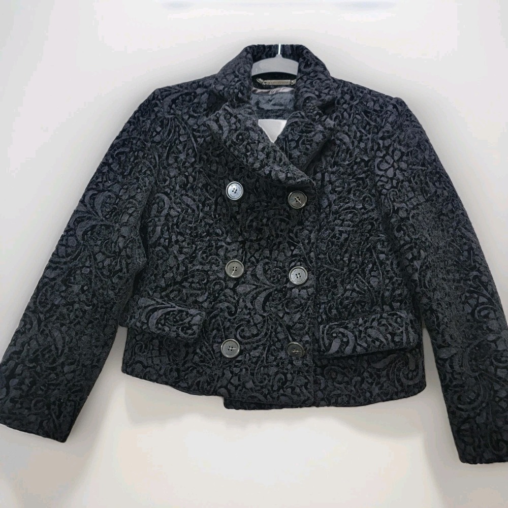Scervino Street Black Jaquard Velvet Cropped Double Breasted Jacket RARE Size 4